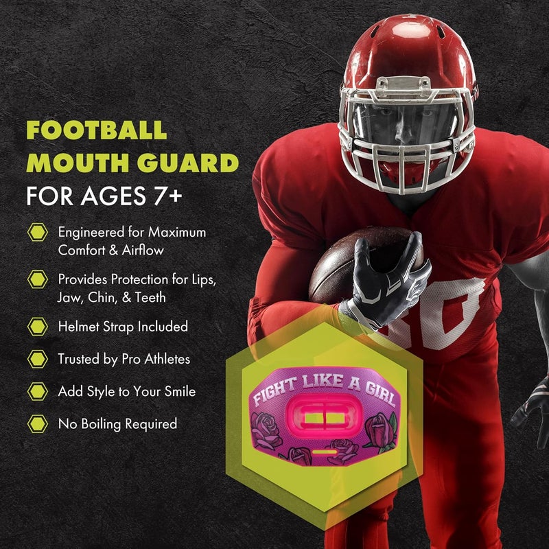 DAMAGE CONTROL Youth Football Mouth Guard – Breathable No Boil Mouthpiece, Protects Lips & Teeth, Works with Braces, Includes Helmet Strap – Sports Gear & Accessories (Fight Like Girl) - Image 2